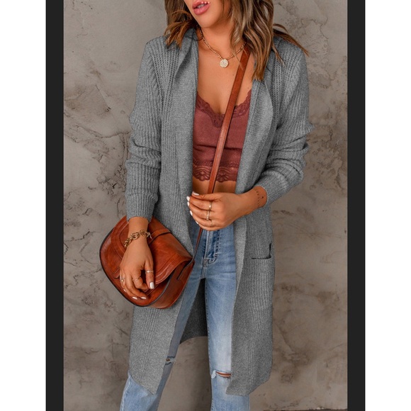 Private Label Sweaters - #53 Gray Hooded Long Cardigan w/Pockets! *